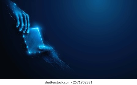 Abstract illustration of low poly hands sharing empty business card on the side. Networking and business contacts communication concept by wireframe mesh on blue background