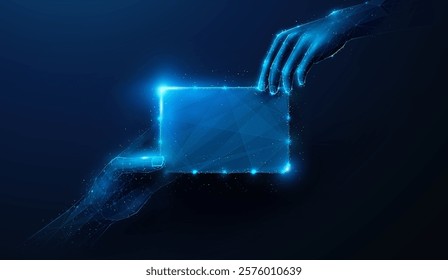 Abstract illustration of low poly hands sharing rectangular empty business card with copy space in center. Networking and business communication contacts concept by wireframe mesh on blue background