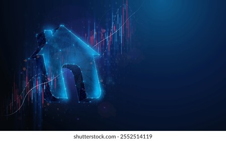 Ilustração abstrata do símbolo da casa de poli baixo sobre o gráfico do mercado de ações. Fundo geométrico que representa a casa, a residência, o crescimento do mercado imobiliário conceito financeiro por malha de arame