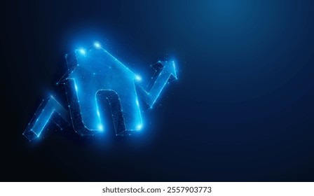 Abstract illustration of low poly house symbol over arrow up graph. Geometric background depicting house, residence, real estate market growth financial concept by wireframe mesh