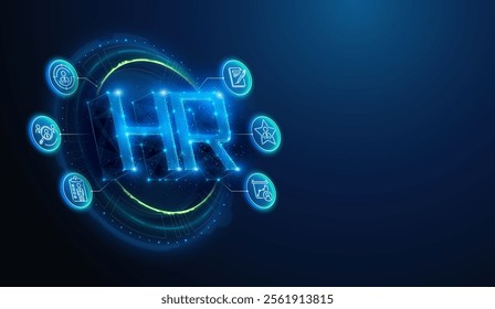 Abstract illustration of low poly HR with human resources lineart icons. Geometric background depicting business company hiring agency, employment, work force management concept by wireframe mesh