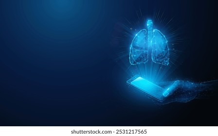 Ilustración Abstractas de pulmones humanos de baja poli sobre un teléfono inteligente en la mano. Fondo geométrico azul que representa el concepto médico de monitoreo de atención médica del sistema pulmonar por estructura de conexión de alambre