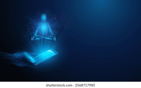 Abstract illustration of low poly human figure sitting in lotus yoga pose over smartphone in hand.Blue geometric background depicting mental health and meditation application concept by wireframe mesh