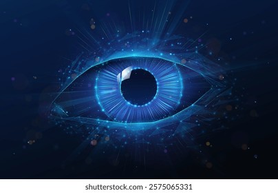 Abstract illustration of low poly human eye in the center. Blue geometric background depicting human vision diagnostic, ophthalmology, eyes healthcare medical technology concept by wireframe mesh