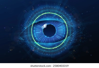 Abstract illustration of low poly human eye in the center. Blue geometric background depicting human vision diagnostic, ophthalmology, eyes healthcare medical technology concept by wireframe mesh