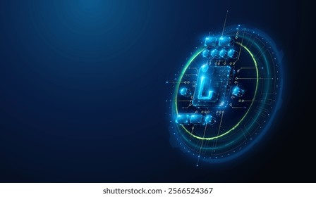 Abstract illustration of low poly info symbol on cpu microchip. Blue geometric background depicting information technology and artificial intelligence computing hardware concept by wireframe mesh