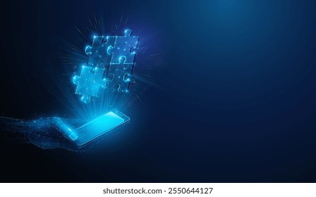 Ilustración Abstractas de bajo poli rompecabezas resolviendo holograma sobre teléfono inteligente en la mano. Fondo geométrico azul que representa la asociación de sinergia y el concepto de trabajo en equipo empresarial por malla de alambre