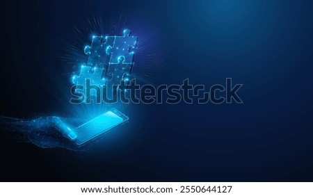 Abstract illustration of low poly jigsaw puzzle solving hologram over smartphone in hand. Blue geometric background depicting synergy partnership and business teamwork concept by wireframe mesh