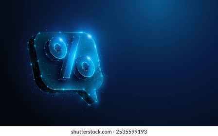 Abstract illustration of low poly percent symbol over chat bubble promotion message. Blue geometric background depicting consumerism, black friday, online shopping concept by wireframe connection mesh