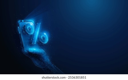 Abstract illustration of low poly percent symbol over smartphone in hand. Blue geometric background depicting consumerism, black friday, online shopping concept by wireframe connection structure