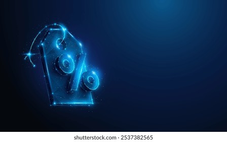 Abstract illustration of low poly percent symbol over price tag. Blue geometric background depicting consumerism, black friday, online shopping concept by wireframe connection structure