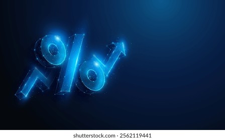 Abstract illustration of low poly percent symbol over arrow up graph. Geometric background depicting investment interest profit stock market growth financial concept by wireframe mesh