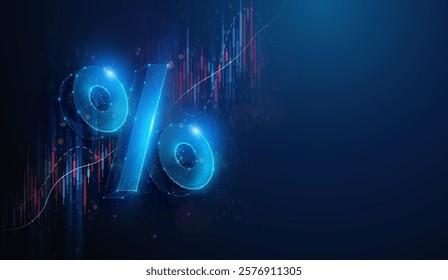 Abstract illustration of low poly percent over stock market data graph. Blue geometric background depicting financial market investment interest rate growth concept by wireframe mesh