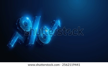 Abstract illustration of low poly percent symbol over arrow up graph. Geometric background depicting investment interest profit stock market growth financial concept by wireframe mesh