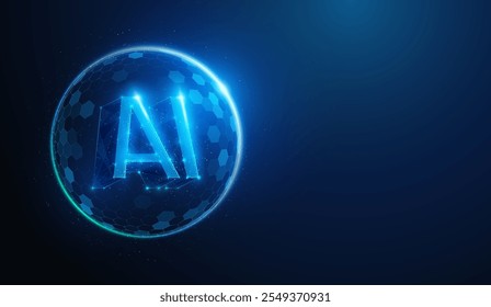 Abstract illustration of low poly private AI protected by sphere shield barrier. Blue geometric background depicting secure personal artificial intelligence technology concept by wireframe mesh