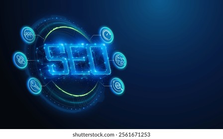 Abstract illustration of low poly SEO with search engines optimization lineart icons. Geometric background depicting advertising, marketing, web site development technology concept by wireframe mesh