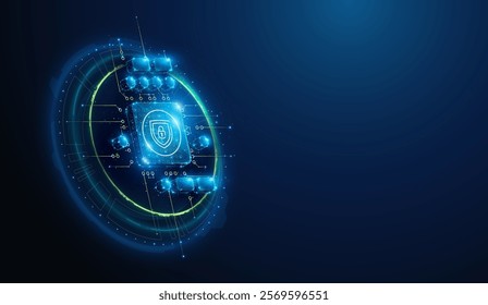 Abstract illustration of low poly shield with lock lineart icon on cpu microchip. Geometric background on security and privacy of artificial intelligence technology hardware concept by wireframe mesh