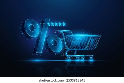 Abstract illustration of low poly shopping cart near 3d percent symbol. Blue geometric background depicting consumerism, black friday, online shopping concept by wireframe connection structure