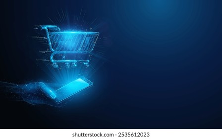 Abstract illustration of low poly shopping cart over smartphone in hand. Blue geometric background depicting consumerism, black friday, online shopping concept by wireframe connection structure