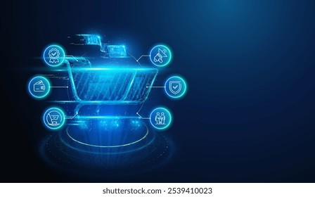 Abstract illustration of low poly shopping cart surrounded by lineart icons. Blue geometric background depicting consumerism, black friday, online shopping concept by wireframe connection structure