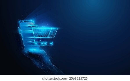 Abstract illustration of low poly shopping cart drive from smartphone in hand. Blue geometric background depicting e-commerce, consumerism, black friday, online shopping concept by wireframe mesh