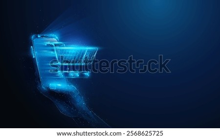 Abstract illustration of low poly shopping cart drive from smartphone in hand. Blue geometric background depicting e-commerce, consumerism, black friday, online shopping concept by wireframe mesh