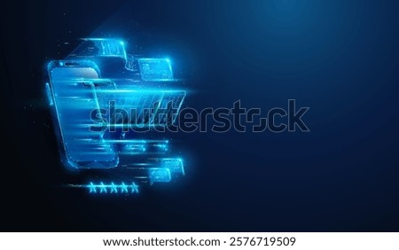 Abstract illustration of low poly shopping cart,stars,credit card fly out smartphone.Blue geometric background depicting e-commerce,consumerism,black friday,online shopping concept by wireframe mesh