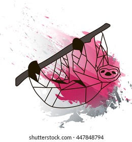 Abstract illustration with low poly sloth on black and pink watercolor