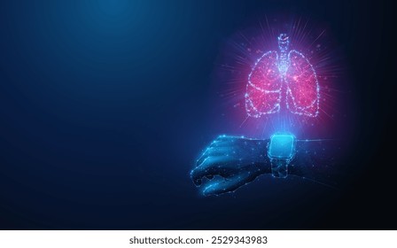 Ilustración Abstractas de un reloj inteligente de baja poli que proyecta pulmones humanos hechos de partículas de neón. Fondo geométrico azul que representa el concepto médico de monitoreo de atención médica del sistema respiratorio por estructura de alambre