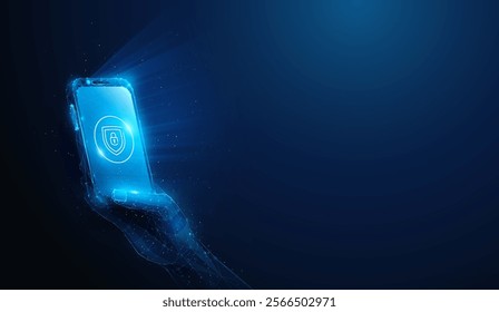 Abstract illustration of low poly smartphone in hand protected by security technology application. Blue geometric background depicting privacy and safety software on phone concept by wireframe mesh