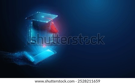 Abstract illustration of low poly smartphone in hand projecting graduation cap over book hologram. Blue geometric background depicting digital online education and scholarship concept