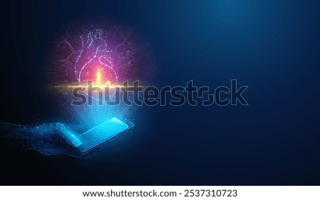 Abstract illustration of low poly smartphone with human heart hologram made of neon particles. Geometric background depicting heart healthcare and health monitoring medical concept by wireframe mesh