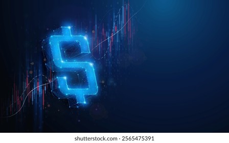 Abstract illustration of low poly USD Dollar sign over stock market data graph. Blue geometric background depicting USA currency rate exchange growth financial concept by wireframe mesh