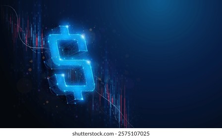 Abstract illustration of low poly USD Dollar sign over stock market data graph. Blue geometric background depicting USA currency rate exchange recession,  financial crisis concept by wireframe mesh