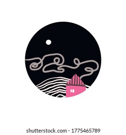 Abstract illustration. Magical night sky above house. Can be used as logo.  Vector graphic.