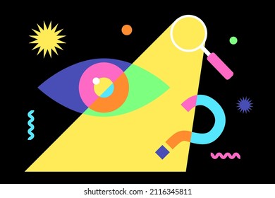 Abstract illustration with magnifying glass, eye and question mark symbol. Concept of looking for something, searching, figuring out, exploring, finding. Flat vector colorful style.