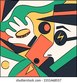 Abstract illustration. A man in a hat and glasses with a coin in his hands.