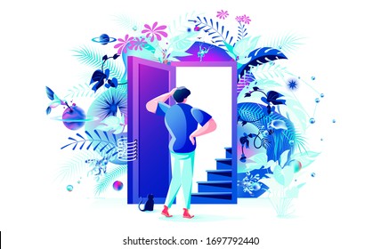 Abstract illustration man protective concept new way doubt possibilities open door leave comfort zone self-isolation health care virus quarantine isolation period surrealism stay at home covid-19