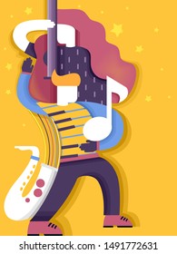 Abstract Illustration of a Man and a Woman with Guitar, Piano, Saxophone and Music Note. Talent Music Show or Contest