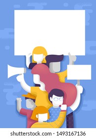 Abstract Illustration of Man and Woman Holding Placard, Board, Megaphone. Active Youth Rally