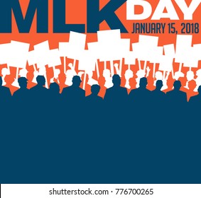 Abstract illustration of many people carrying signs at protest march. Poster or banner template for Martin Luther King Day, or other protest event. Space for your text