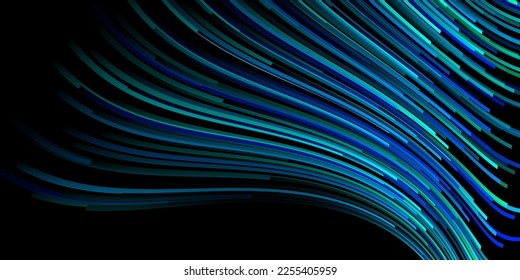 Ilustración abstracta con muchas rayas curvadas finas en tonos azules sobre fondo negro