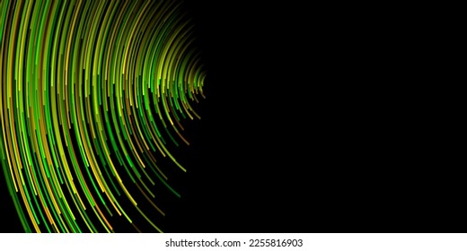 Abstract illustration with many thin curved stripes in shades of green and yellow colors on black background