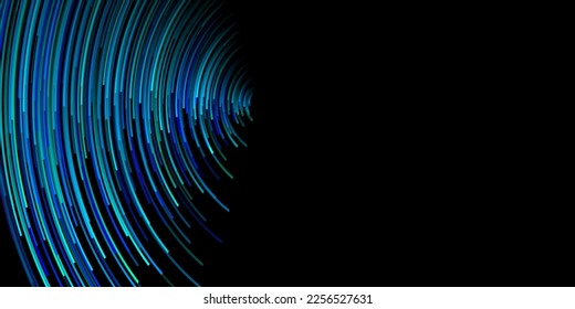 Abstract illustration with many thin curved stripes in shades of blue colors on black background