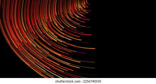 Abstract illustration with many thin curved stripes in shades of red and yellow colors on black background