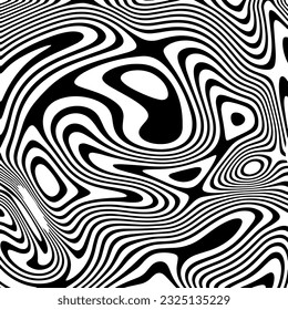 ABSTRACT ILLUSTRATION MARBLED TEXTURE LIQUIFY PSYCHEDELIC BLACK AND WHITE DESIGN. OPTICAL ILLUSION BACKGROUND VECTOR DESIGN