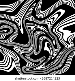 ABSTRACT ILLUSTRATION MARBLED TEXTURE LIQUIFY PSYCHEDELIC BLACK AND WHITE COLOR DESIGN. OPTICAL ILLUSION BACKGROUND VECTOR DESIGN