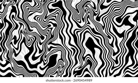 ABSTRAKTE ILLUSTRATION MARBLED TEXTUR FLÜSSIG PSYCHEDELISCHES SCHWARZ-WEISSES DESIGN. OPTISCHE ILLUSION HINTERGRUND VEKTORENTWURF