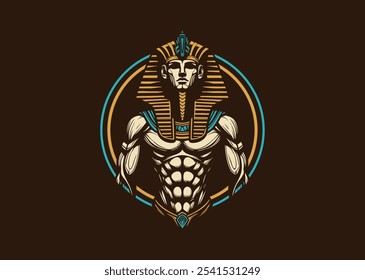 An abstract illustration mascot design for an ancient Egyptian pharaonic king with a built muscle body symbol for power and strength