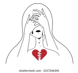 Abstraktes Illustrationsmaterial wie schwarz-weiß gestrichene weibliche Silhouette und geknackte Herzerkrankungen Depressionen